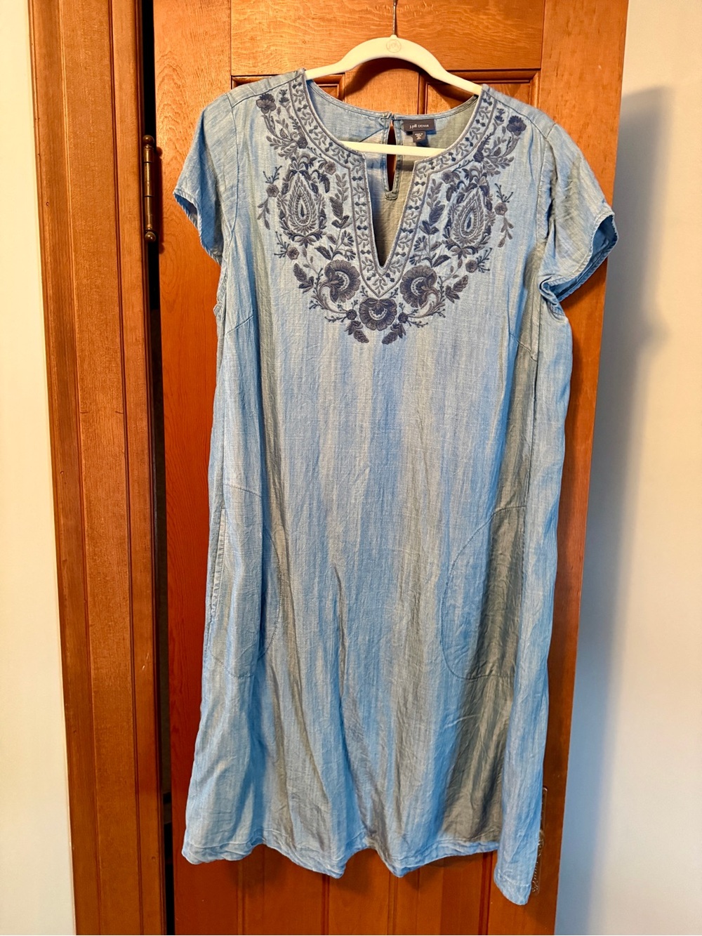 J. Jill Light Blue Tunic Dress with Navy Embroidery